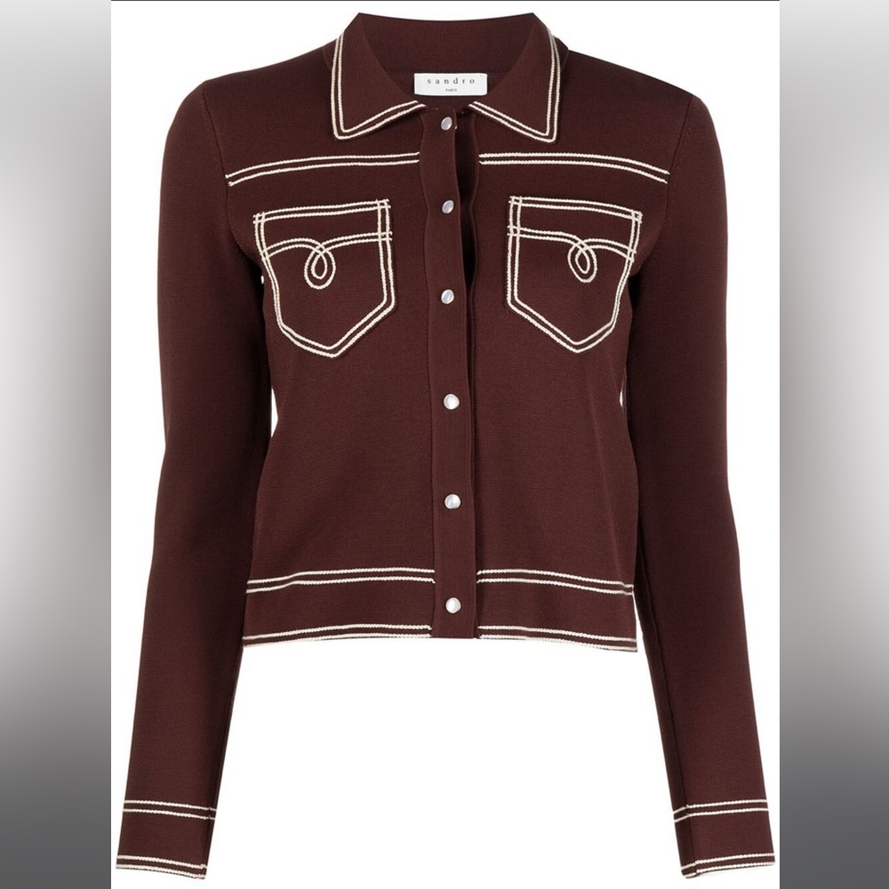 Sandro brown western cardigan top with contrast stitching and snap buttons